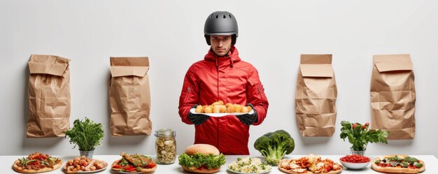 Foto mann in roter jacke hält einen teller mit essen