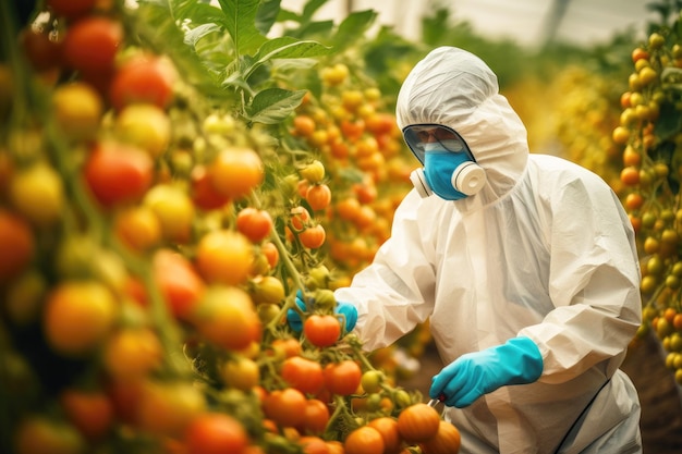 Mann in Schutzanzug und Atemschutzmaske sprüht Tomaten gegen Schädlinge Generative KI