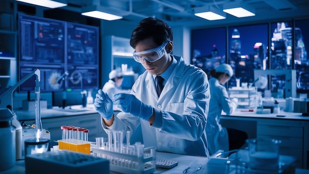 Mann in Schutzanzug und Brille arbeitet im Labor