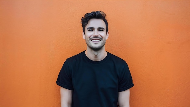 Mann in schwarzem T-Shirt lächelt süß an der orangefarbenen Wand