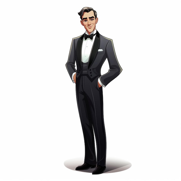 Mann in Tuxedo 2D-Cartoon-Illustration auf weißem Hintergrund