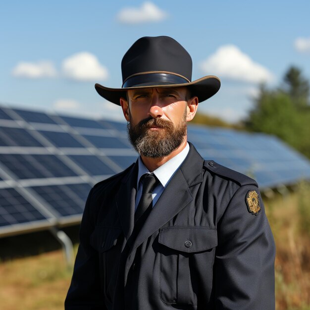 Foto mann in uniform steht mit solarpanel