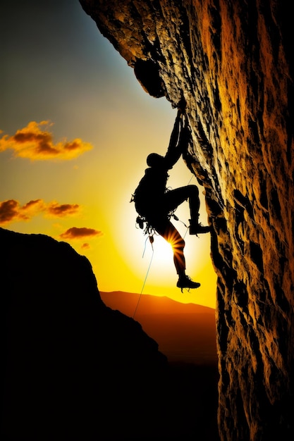 Mann klettert die Bergflanke hinauf mit Sonnenuntergang im Hintergrund Generative KI