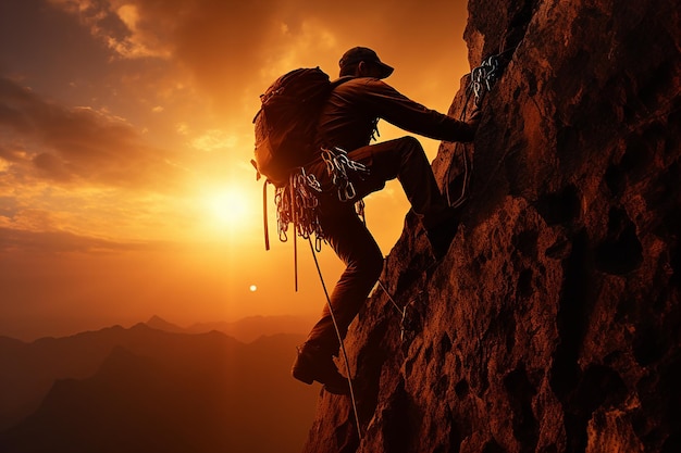 Mann klettert mit Seilsicherheitsausrüstung auf eine felsige Klippe mit Blick auf die Berge bei Sonnenaufgang