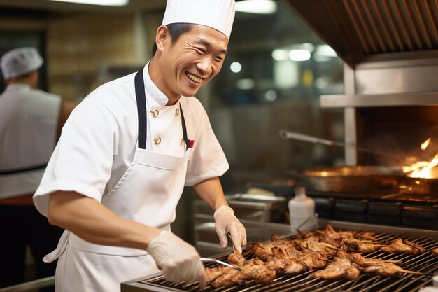 Mann kocht asiatisches Huhn in der Küche eines Cafés