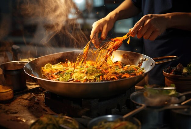 Mann kocht Essen in einer großen Pfanne, mischt Gemüse in einem Wok