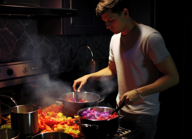 Mann kocht Gemüsesuppe in der Küche