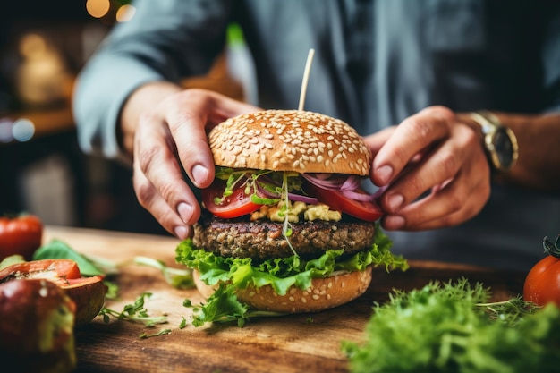 Mann kocht veganen Burger