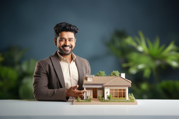 Mann lächelt und zeigt Hausimmobilienkonzept