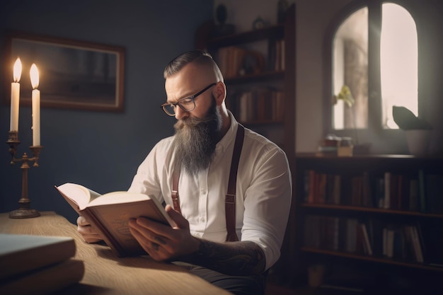 Foto mann liest buch. erwachsener mann erzeugt ki