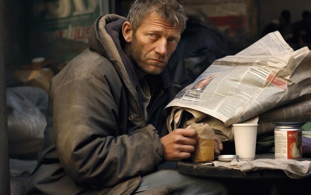 Foto mann liest zeitung auf einer bank