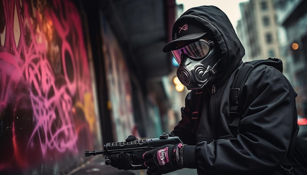 Mann macht Cyberpunk-Graffiti-Kunst mit Sprühfarbe auf der Straße