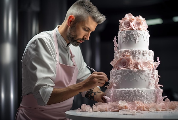 Mann macht weiße Hochzeitskuchen im Stil von feinen Linien und komplizierten Details