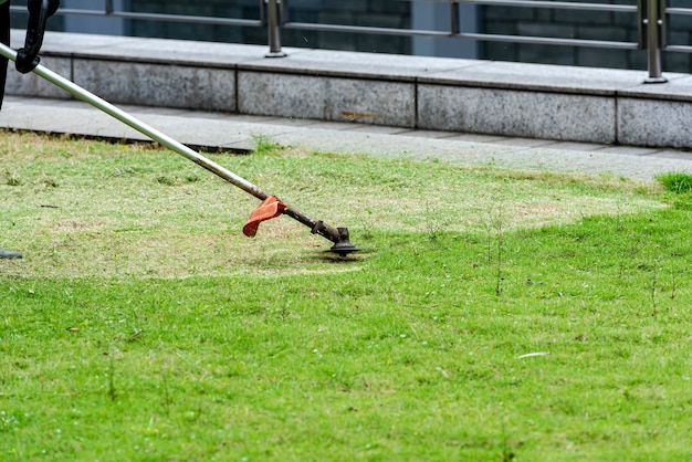 Mann mäht das Gras mit einem Rasenmäher