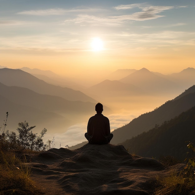 Mann meditiert auf einem Berggipfel