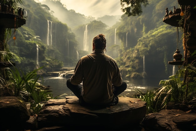 Mann meditiert Yoga bei Sonnenuntergang in den Bergen. Reisen, Lebensstil, Entspannung, emotionales Konzept, Abenteuer
