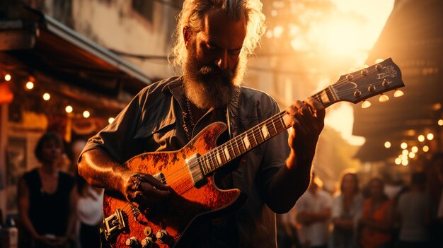 Mann mit Bart spielt E-Gitarre auf der Straße Original-Fotoset