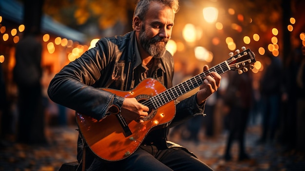 Mann mit Bart spielt E-Gitarre auf der Straße Original-Fotoset