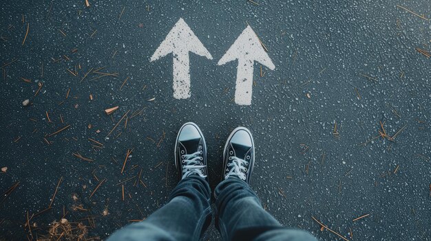 Mann mit Beinen in Sneakers steht auf der Straße mit drei Richtungspfeil-Wahlmöglichkeiten links rechts oder vorwärts