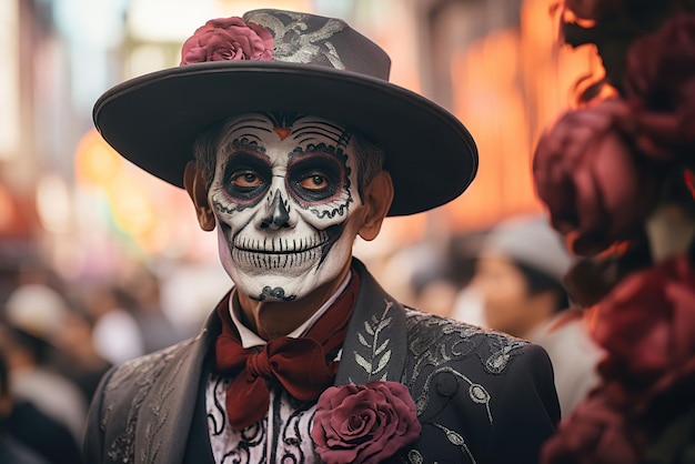 Mann mit bemaltem Hut, das Gesicht für den Dia de los Muertos in Mexiko gekleidet