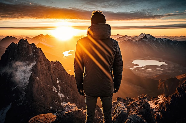 Mann mit Blick auf den Sonnenaufgang auf dem Berggipfel