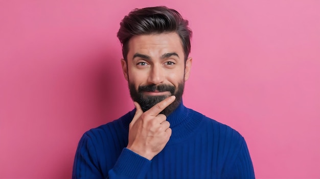 Mann mit Borsten in trendigem Hochhalspullover berührt Kinn reibt Bart und lächelt, als würde er jemanden beurteilen