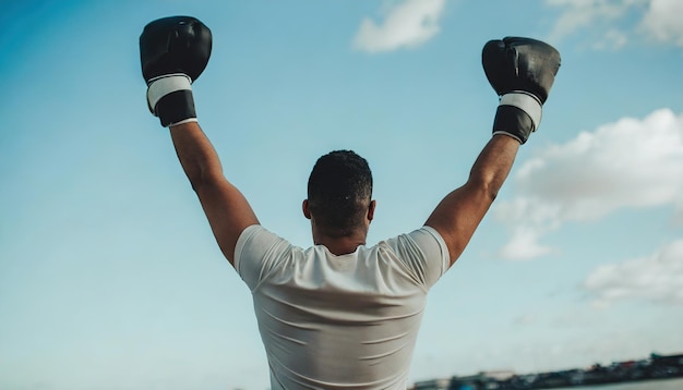 Mann mit Boxhandschuhen Sieg und Erfolg Rückblick