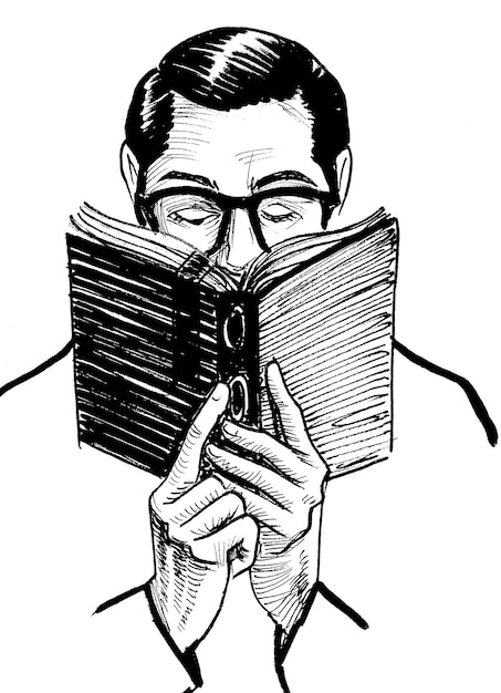 Mann mit Brille, der ein Buch liest. Tinte Schwarz-Weiß-Zeichnung