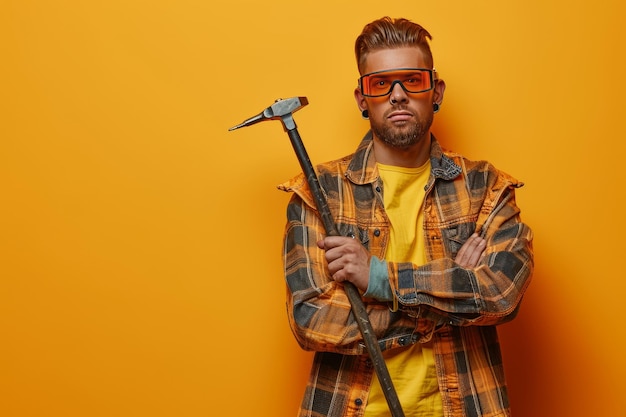 Mann mit Brille hält Hammer