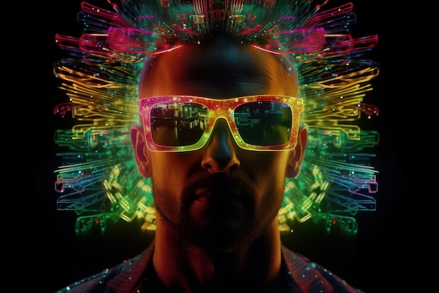 Mann mit Brille, helle LED-Matrix, schönes Illustrationsbild, generative KI