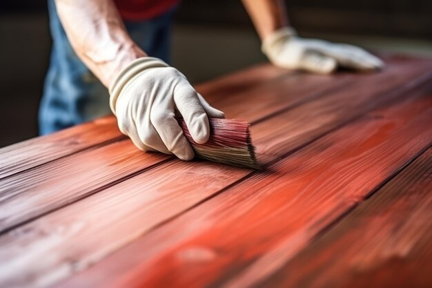 Mann mit Bürste, der Holzfarbe auf eine hölzerne Oberfläche in der Nähe anwendet