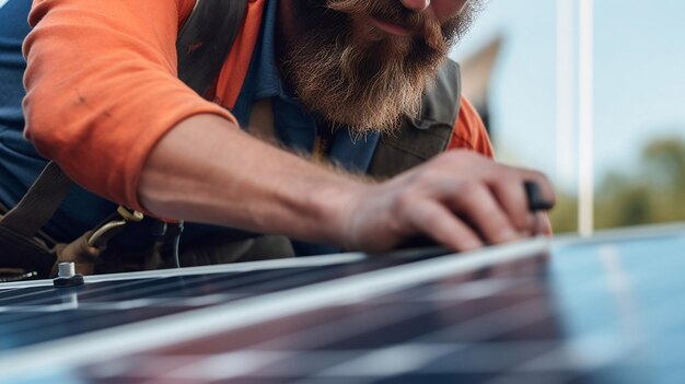 Mann mit buschigem Bart installiert Sonnenkollektoren auf dem Dach seines Hauses. Konzept für saubere Energie