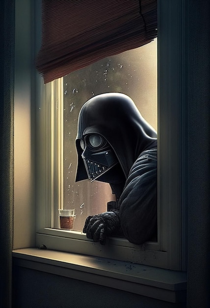 Mann mit Darthelm und Maske auf der Fensterbank generative KI