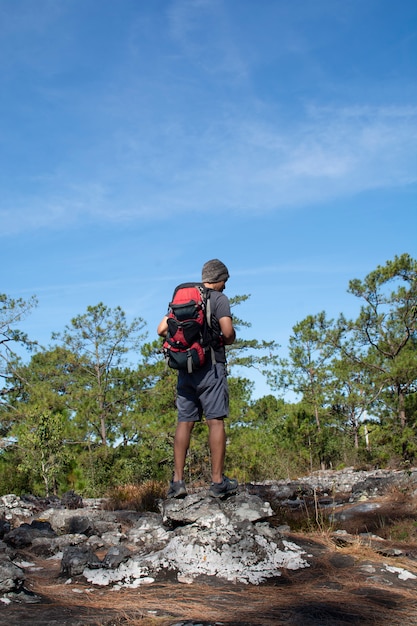 Mann mit dem Rucksack, der auf Klippe, Wald mit blauem Himmel betrachtend steht