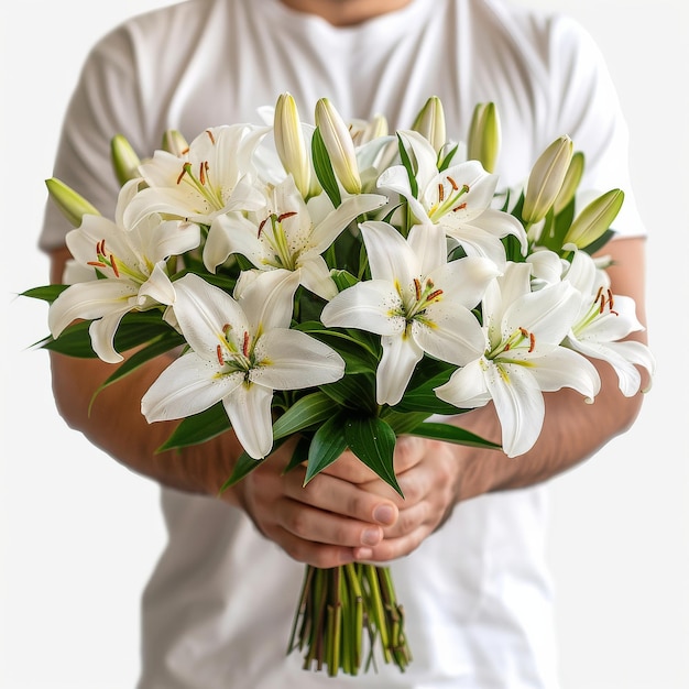 Mann mit einem Bouquet weißer Blumen