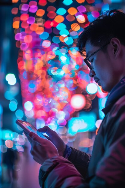 Mann mit einem Telefon auf der Straße auf einem verschwommenen Hintergrund in Bokeh-Kreisen Generative KI