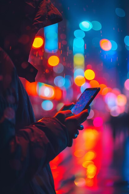 Mann mit einem Telefon auf der Straße auf einem verschwommenen Hintergrund in Bokeh-Kreisen Generative KI