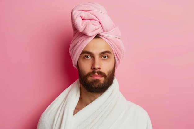 Mann mit einem Turban aus einem isolierten Handtuch Minimales kreatives Modekonzept