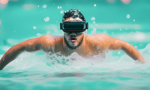 Mann mit einem VR-Headset, der im Pool schwimmt und Virtual-Reality-Simulation und Cyberspace erlebt