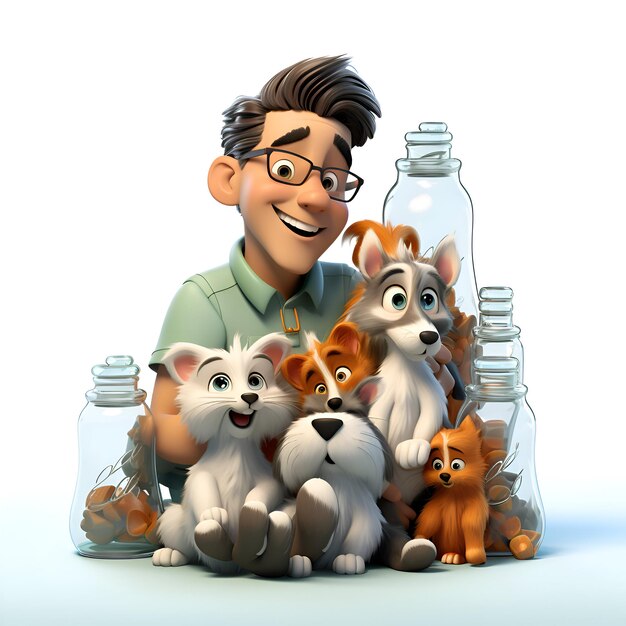 Foto mann mit einer gruppe von hunden in einer plastikflasche 3d-render