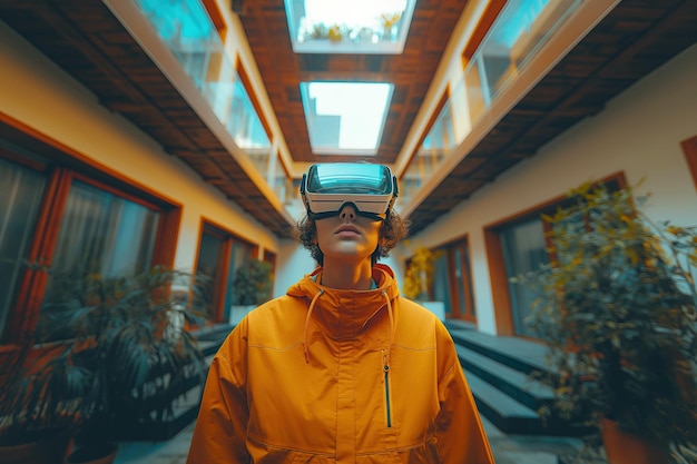 Mann mit einer modernen virtuellen Realitätsbrille, junger Mann mit Headset-Brille mit Augmented-Reality-Technologie