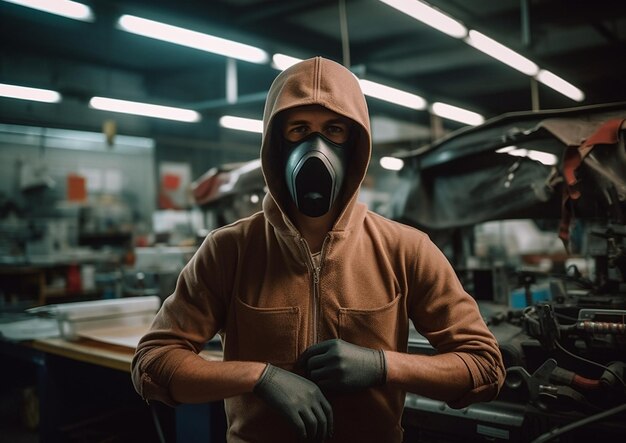 Mann mit Gasmaske in einer Werkstatt