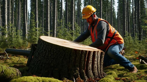 Foto mann mit gelbem helm fällt einen baum ab