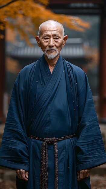 Foto mann mit gesichtshaaren, der vor dem gebäude eine elektrische blaue robe trägt