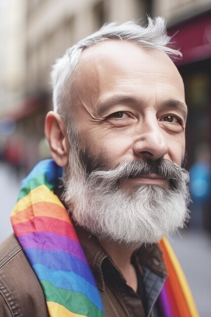 Mann mit grauem Bart, Nahaufnahme mit Schal in den Farben der generativen KI der LGBT-Flagge