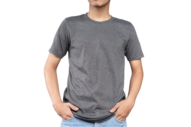 Mann mit grauem Freizeit-T-Shirt Vorderansicht einer Mock-up-Vorlage für einen T-Shirt-Designdruck