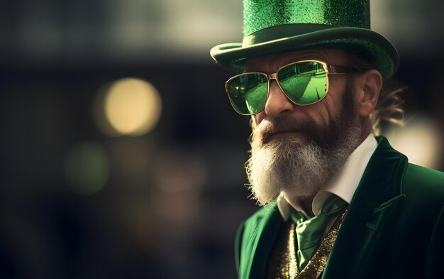 Mann mit grünem Hut und Brille feiert St. Patrick's Day