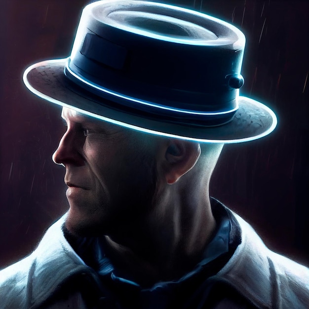 Mann mit Hut im Blaulicht-Noir-Stil