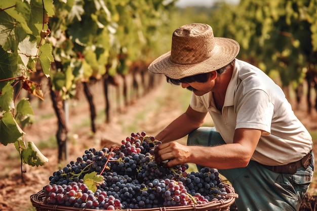 Mann mit Hut pflückt Trauben im Weinlesefeld