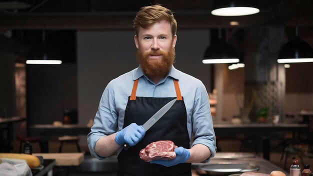 Foto mann mit ingwerbart in schürze und handschuhen hält messer und fleisch